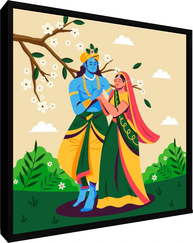Modern vector illustration of Radha and Krishna holding hands under a blossoming tree in Vrindavan. — floater frame preview | PrintPosters.in